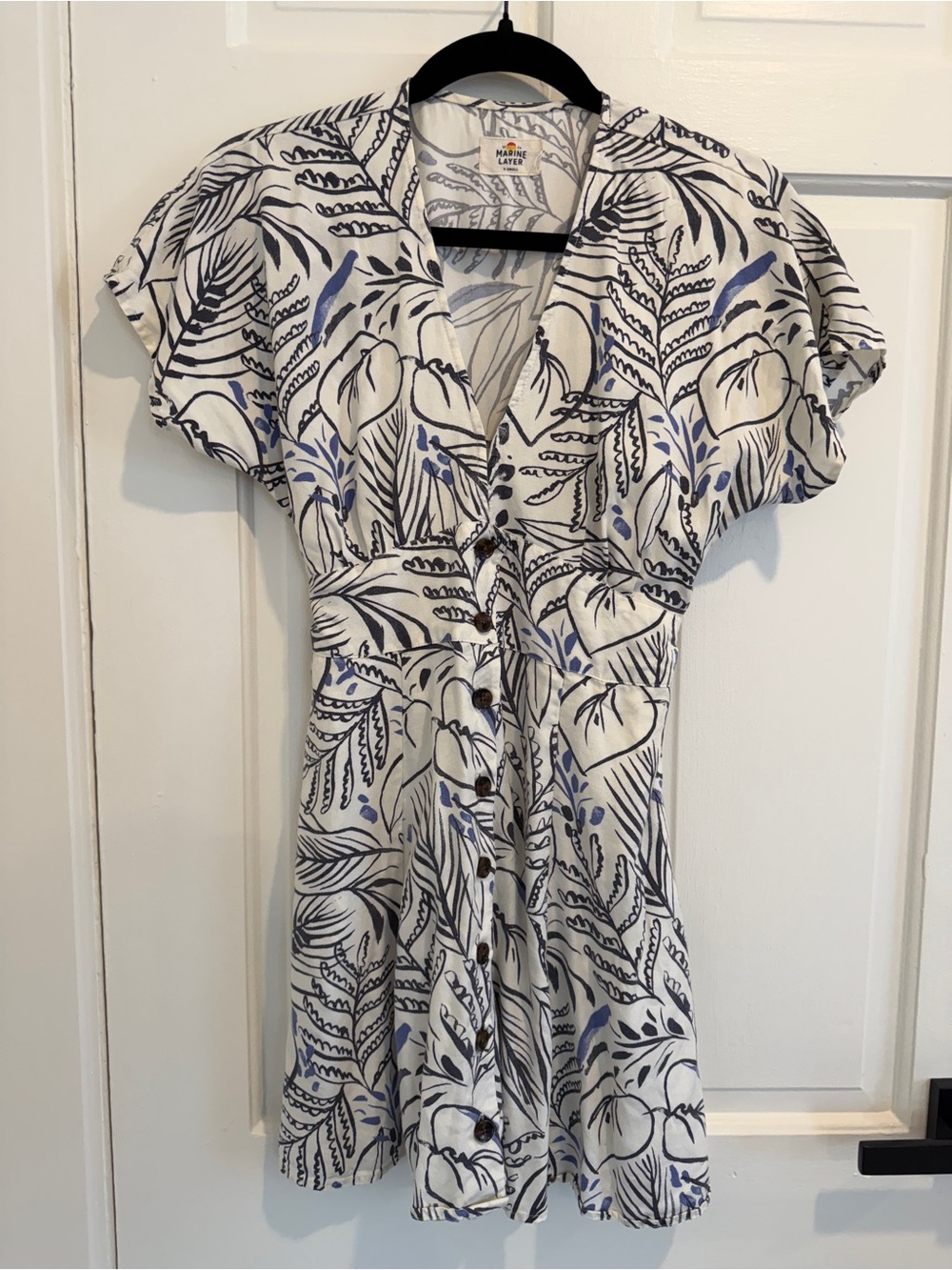 Marine Layer White Mini Dress with Navy Botanical Print